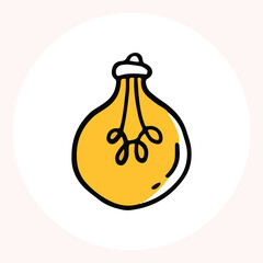 Bright yellow light bulb with rays shining, symbolizing ideas and creativity in a minimalist style. Light bulb doodle hand drawn icon. Outline Color drawing shining light bulb line clipart symbol.
