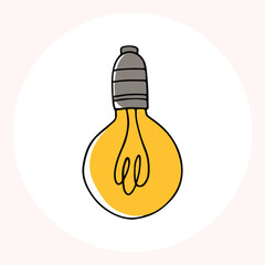 Bright yellow light bulb with rays shining, symbolizing ideas and creativity in a minimalist style. Light bulb doodle hand drawn icon. Outline Color drawing shining light bulb line clipart symbol.