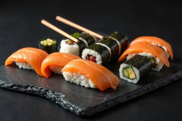 Sushi and maki set on stone table. Sushi Set sashimi and sushi rolls served