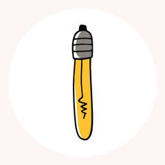 Bright yellow light bulb with rays shining, symbolizing ideas and creativity in a minimalist style. Light bulb doodle hand drawn icon. Outline Color drawing shining light bulb line clipart symbol.
