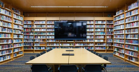 Large frameless television off university library study hall with high ceiling