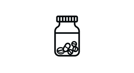 Pill bottle with medicine capsules and tablets icon.