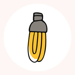Bright yellow light bulb with rays shining, symbolizing ideas and creativity in a minimalist style. Light bulb doodle hand drawn icon. Outline Color drawing shining light bulb line clipart symbol.