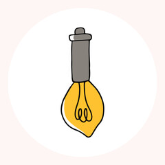 Bright yellow light bulb with rays shining, symbolizing ideas and creativity in a minimalist style. Light bulb doodle hand drawn icon. Outline Color drawing shining light bulb line clipart symbol.