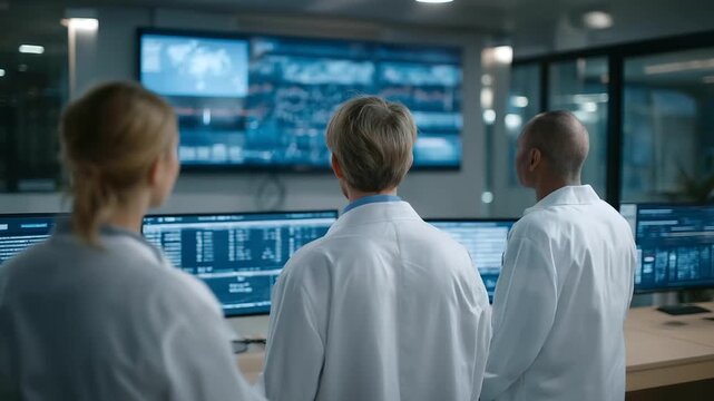 group of counselors in smart command center reviewing aggregated mental health metrics muted buzz proactive care three quarter wide angle cinematic color correction gentle