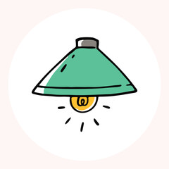 Bright yellow light bulb with rays shining, symbolizing ideas and creativity in a minimalist style. Light bulb doodle hand drawn icon. Outline Color drawing shining light bulb line clipart symbol.