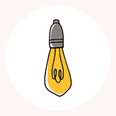 Bright yellow light bulb with rays shining, symbolizing ideas and creativity in a minimalist style. Light bulb doodle hand drawn icon. Outline Color drawing shining light bulb line clipart symbol.