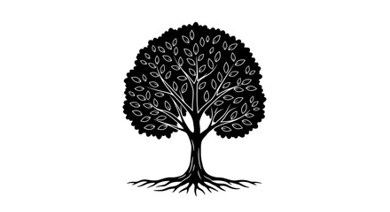 Naklejka premium Stylized black tree silhouette with roots and leaves on white background.