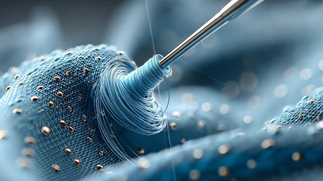 Intricate sewing process close-up showcasing needle threading through delicate blue fabric with embellishments in a well-lit setting