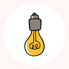 Bright yellow light bulb with rays shining, symbolizing ideas and creativity in a minimalist style. Light bulb doodle hand drawn icon. Outline Color drawing shining light bulb line clipart symbol.
