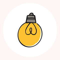 Bright yellow light bulb with rays shining, symbolizing ideas and creativity in a minimalist style. Light bulb doodle hand drawn icon. Outline Color drawing shining light bulb line clipart symbol.