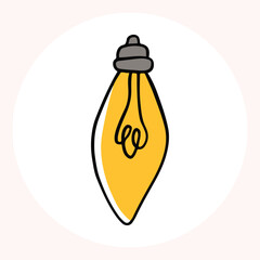 Bright yellow light bulb with rays shining, symbolizing ideas and creativity in a minimalist style. Light bulb doodle hand drawn icon. Outline Color drawing shining light bulb line clipart symbol.