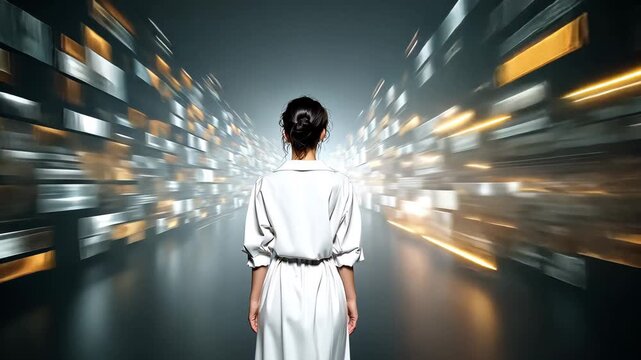 Woman in white dress stands still against a blur of bright lights, showcasing dynamic movement and a sense of calm during a vibrant urban night