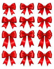 Collection of Twelve Decorative Red Satin Gift Bows for Celebrations.