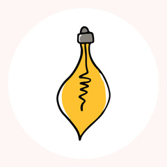 Bright yellow light bulb with rays shining, symbolizing ideas and creativity in a minimalist style. Light bulb doodle hand drawn icon. Outline Color drawing shining light bulb line clipart symbol.