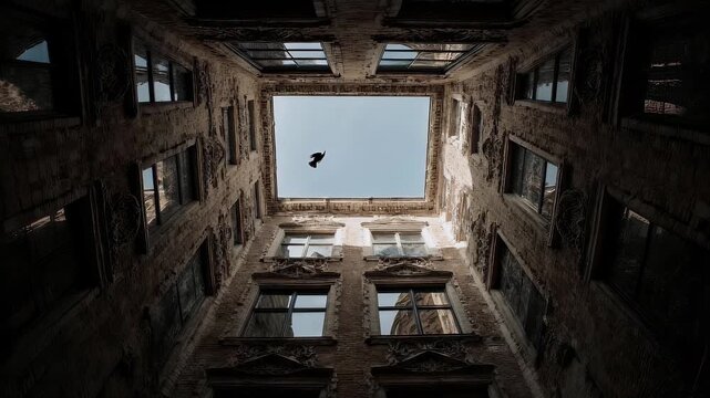 Worm's Eye View of Aged Building with Windows Against Blue Sky