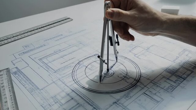 Overhead View of Hand Using Divider on Technical Drawing Plan on White Table