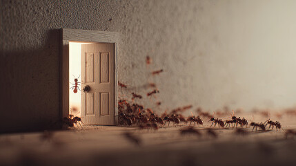 Tiny ants emerging from a miniature door, creating a whimsical scene on a wooden surface, showcasing their teamwork and exploration in a unique perspective of nature