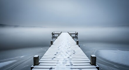 Snow-Covered Pier Extends into Misty Lake, Serene Winter Landscape, Atmospheric Scene.