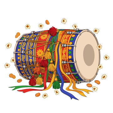 Traditional Indian dhol drum vector illustration with colorful decorations, symbol of Punjabi Bhangra music and festive celebration