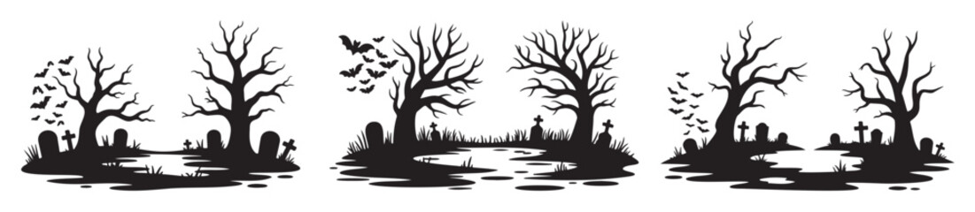A spooky Halloween scene with bare trees and tombstones in silhouette, creating a creepy and eerie atmosphere.