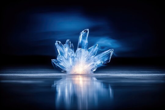 Translucent crystal cluster with blue smoke and bright reflection