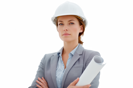 Confident Architect with Blueprint: A determined architect, clad in a protective hard hat, stands ready, clutching architectural plans with an air of confidence and expertise.