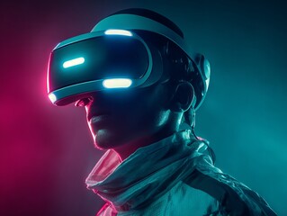 A person, immersed in a VR headset, enters an immersive virtual reality experience, the future of gaming. 