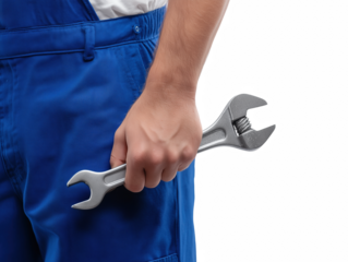 Holding a Wrench: A close-up view of a hand firmly gripping a wrench, suggesting skilled craftsmanship and the tools of the trade.
