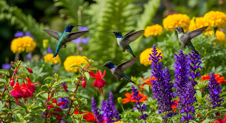 Vibrant Hummingbirds Amidst Colorful Garden Flowers