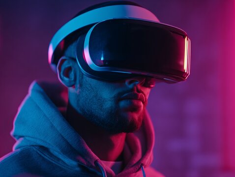 Immersed in a world of virtual reality, a man is captivated by the technology of VR headset. Experiencing the future of technology.
