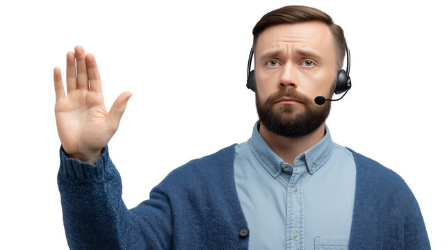 Customer Service Representative Gesture: A customer service representative, clad in a casual outfit, raises a hand, possibly indicating a request for assistance or a moment of pause.
