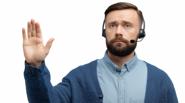 Customer Service Representative Gesture: A customer service representative, clad in a casual outfit, raises a hand, possibly indicating a request for assistance or a moment of pause.