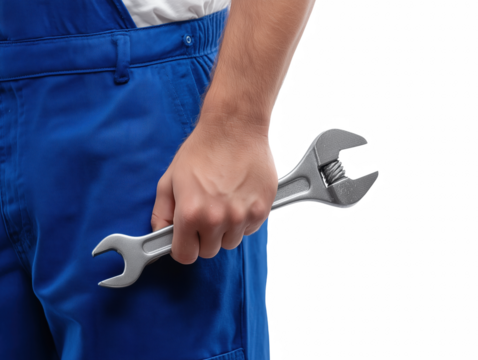 Holding a Wrench: A close-up view of a hand firmly gripping a wrench, suggesting skilled craftsmanship and the tools of the trade.