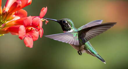 Fototapeta premium Green hummingbird hovering, wings blurred, feeding nectar from a vibrant orange trumpet flower in a garden, close-up nature shot