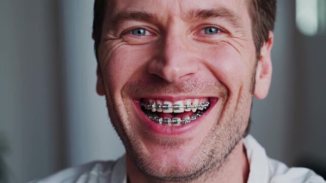 Close up portrait of an adult man with blue eyes smiling, showing his metal dental braces. Orthodontic treatment and dental care concept