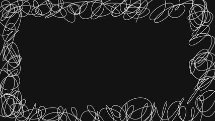 Black and white frame. Hand-drawn white frame on black background. This striking hand-drawn white scribble frame on a black backdrop offers a creative and versatile option. Space for text.
