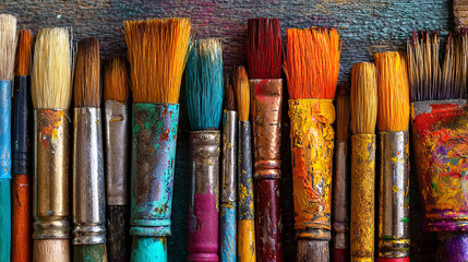 Collection of paintbrushes with vibrant bristles and worn handles arranged neatly on a textured wooden surface, showcasing artistic tools for creative expression and craftsmanship