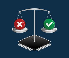 Scale standing on AI chip, balanced, between Yes and No