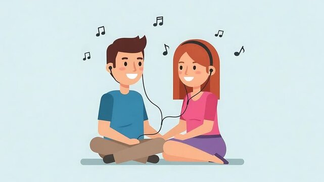 romance happy couple sharing music and earphones