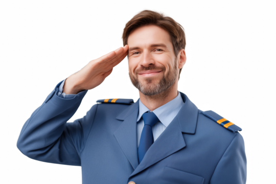 Saluting Pilot: A dignified pilot, attired in a crisp uniform, offers a respectful salute, embodying professionalism, respect, and honor.