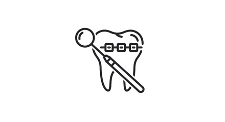 Dental braces on tooth with mirror icon symbolizing orthodontics and oral health care.