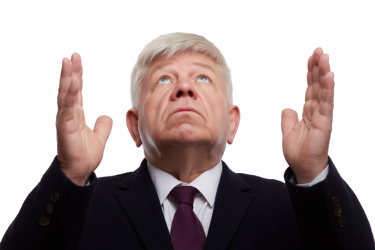  Contemplative Business Man: A distinguished senior man in a suit gazes upward with a look of thoughtful introspection and hopeful aspiration.