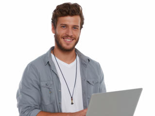 Portrait of a Young Professional: A handsome young man, radiates confidence and approachability as he works on his laptop, dressed in casual attire, embodying the modern professional.