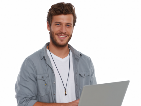 Portrait of a Young Professional: A handsome young man, radiates confidence and approachability as he works on his laptop, dressed in casual attire, embodying the modern professional.