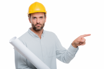 Confident Architect with Blueprint: A focused architect, clad in a yellow hard hat, points with conviction while clutching a rolled blueprint, embodying the essence of precision and planning.