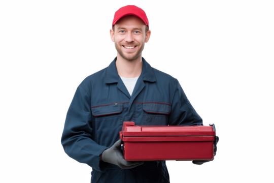 Confident Mechanic: A skilled mechanic, clad in a uniform and cap, presents a toolbox, portraying expertise and reliability in a service setting.