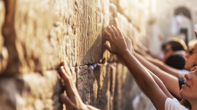 Jewish individuals touching the sacred Western Wall, a historic symbol of faith, optimism, and supplication in the ancient streets of Jerusalem