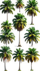 Collection of diverse tropical palm trees isolated on white background.