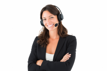 Customer Service Confidence: A smiling customer service representative radiates professionalism and approachability as she dons her headset in a focused and helpful pose.
